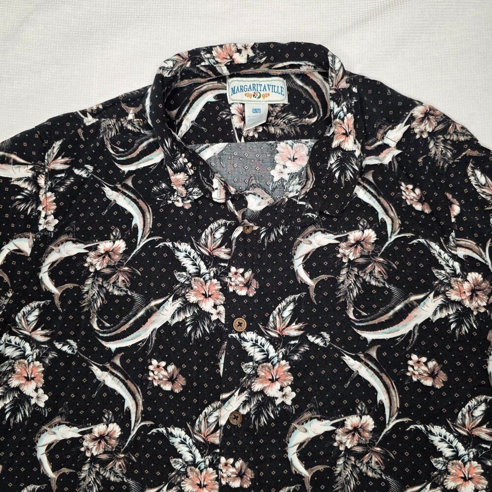 Margaritaville Floral Marlin Fish Hawaiian Shirt Mens XL Black Short Sleeve